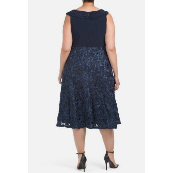 Alex Evenings Women's Plus Size Tea Length Dress with Rosette Detail Blue - Picture 5 of 16